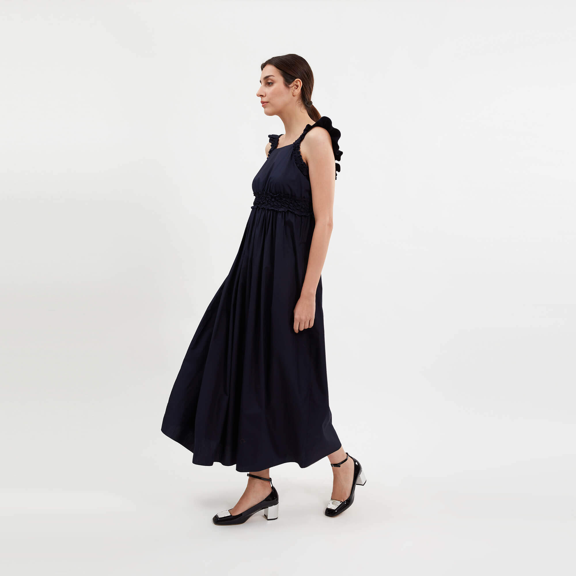 Chloe - Navy Cotton Ruffle Details Straped Ruched Dress